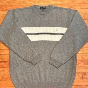 Nautica Men's Crewneck Sweater in Gray with White Stripe